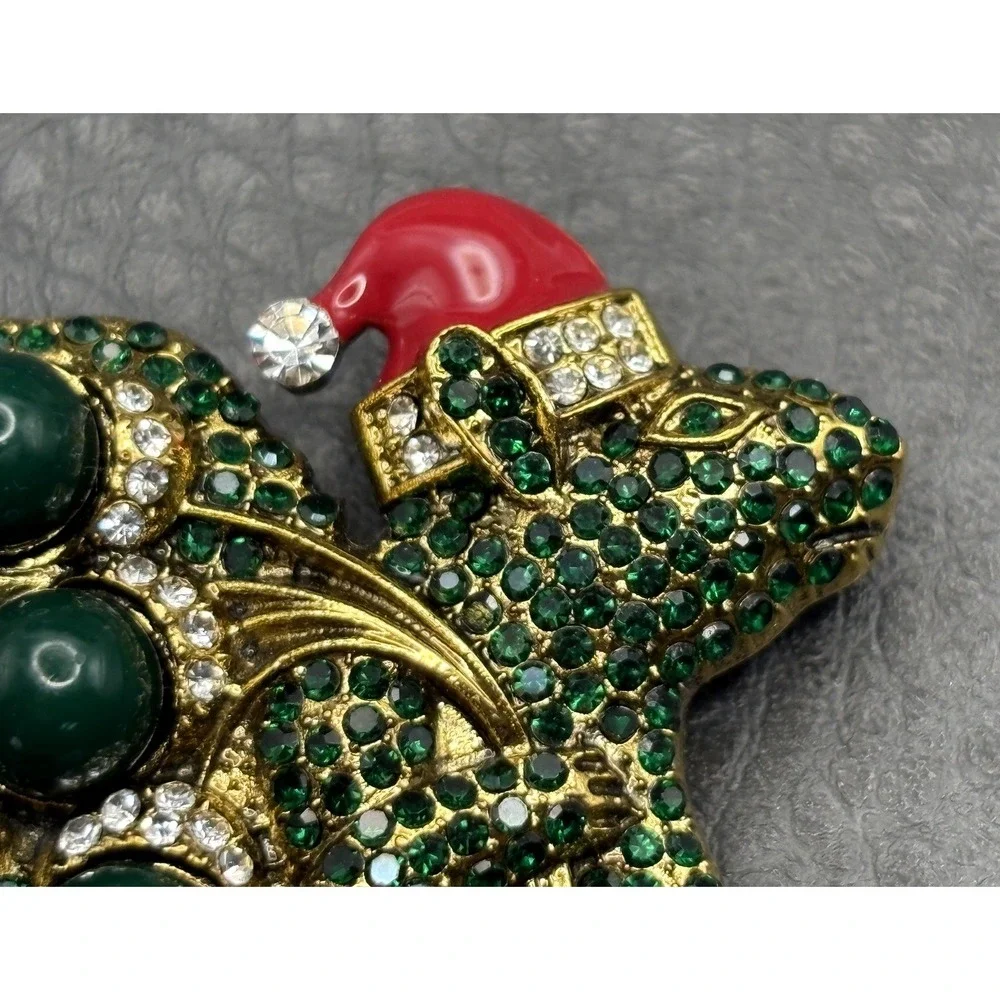 Christmas Mouse Santa Brooch Green Rhinestone Red Enamel Hat Gold Tone